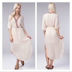 Embroidered trim kimono sleeve midi dress